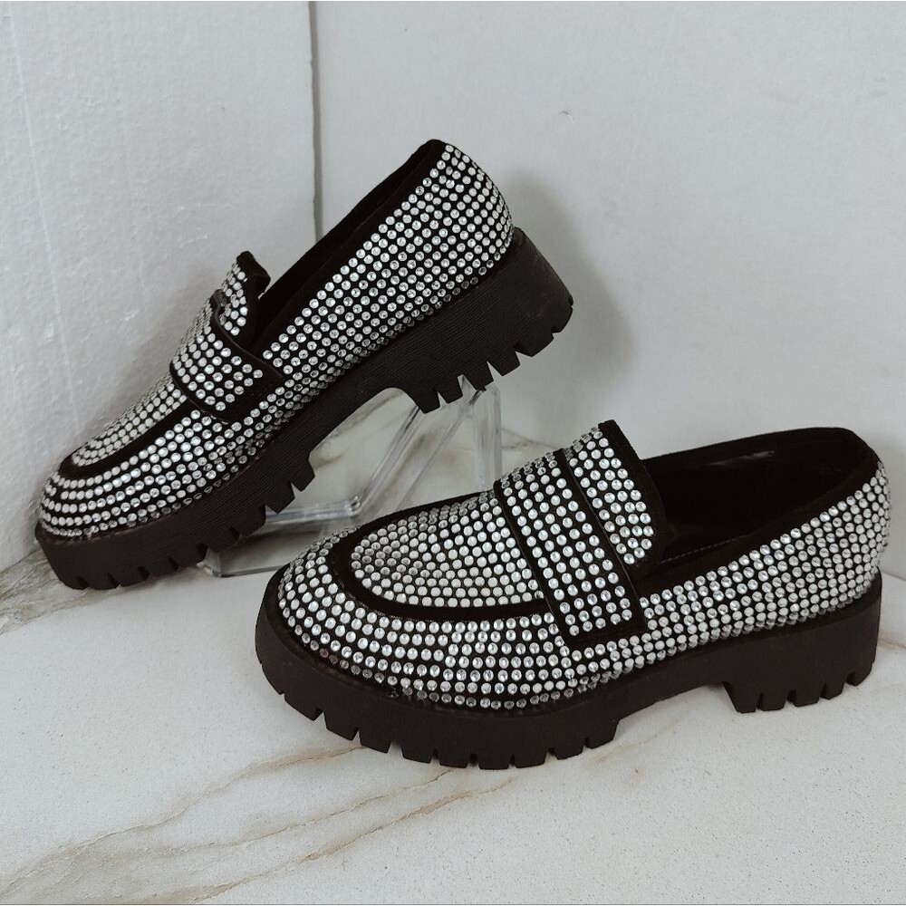 Bamboo Miranda Black Rhinestone Platform Lug Sole Chunky Loafers, 7.5 - Picture 2 of 11